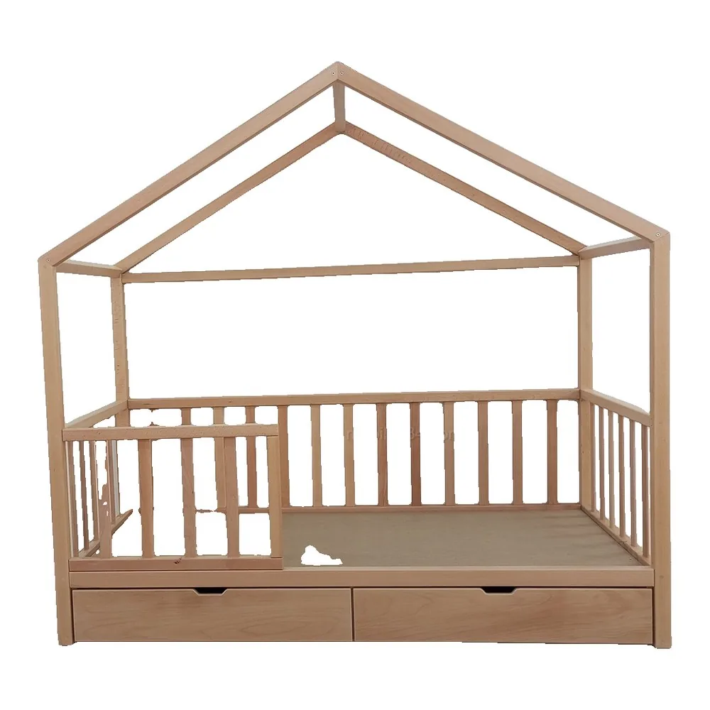 Doğal Kayın Çatılı Çekmeceli Montessori Karyola 80x180