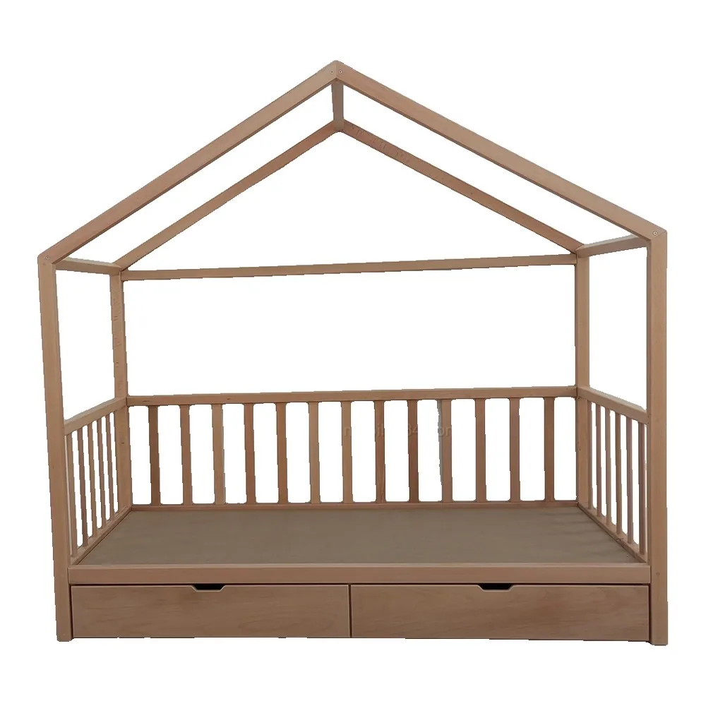 Doğal Kayın Çatılı Çekmeceli Montessori Karyola 90x190