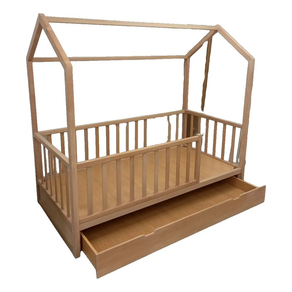 Doğal Kayın Çatılı Yavrulu Montessori Karyola 90x190
